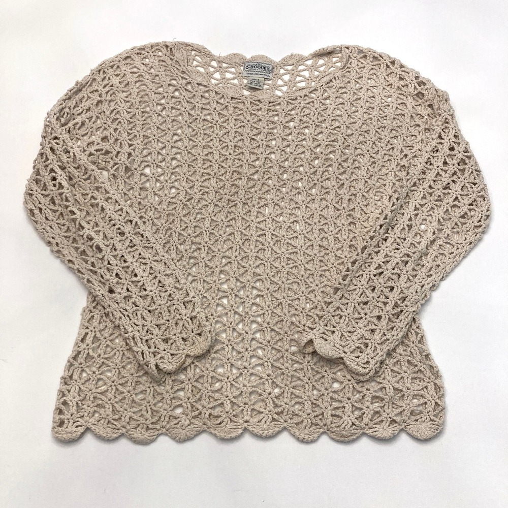 Vintage Croquet Club 100% Silk Crochet Sweater Beige Open Knit Womens Small